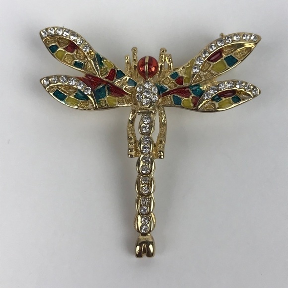 Dragonfly Pave Rhinestones Rainbow Enamel Brooch - Picture 1 of 8